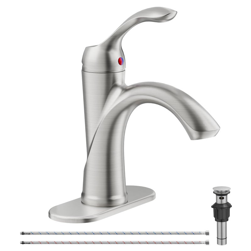 BATHLAVISH Bathroom Sink Faucet Brushed Nickel Single Handle One Hole Vanity Satin Sink with Pop Up Drain Assembly Bath with Overflow Stream Basin Mixer Tap Lavatory Commercial Supply Line - Image 1